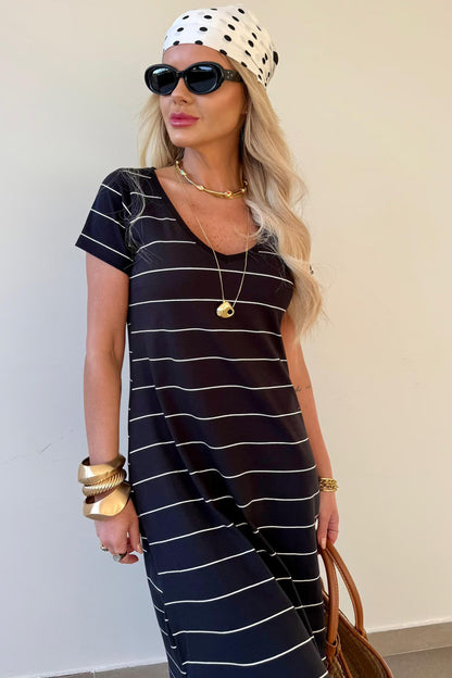 Black Stripe Casual Short Sleeve Side Slit Maxi T Shirt Dress