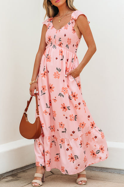 Pink Floral V Neck Smocked High Waist Ruffle Hem Long Dress