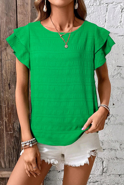 Dark Green Textured Ruffled Sleeve Round Neck Top
