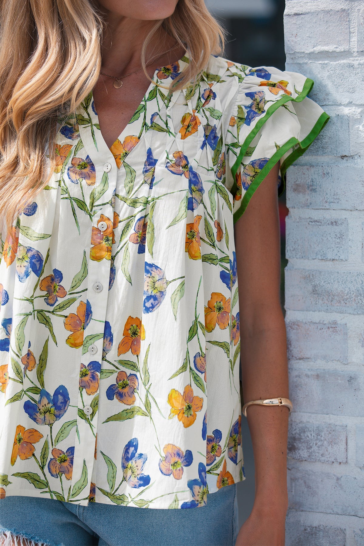 Green Floral Print Ruffle V-Neck Pressed Pleats Binding Tape Cotton Blouse