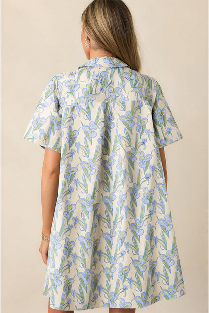 Green Floral Print Shirtcollar Buttoned Short Sleeve Shift Dress