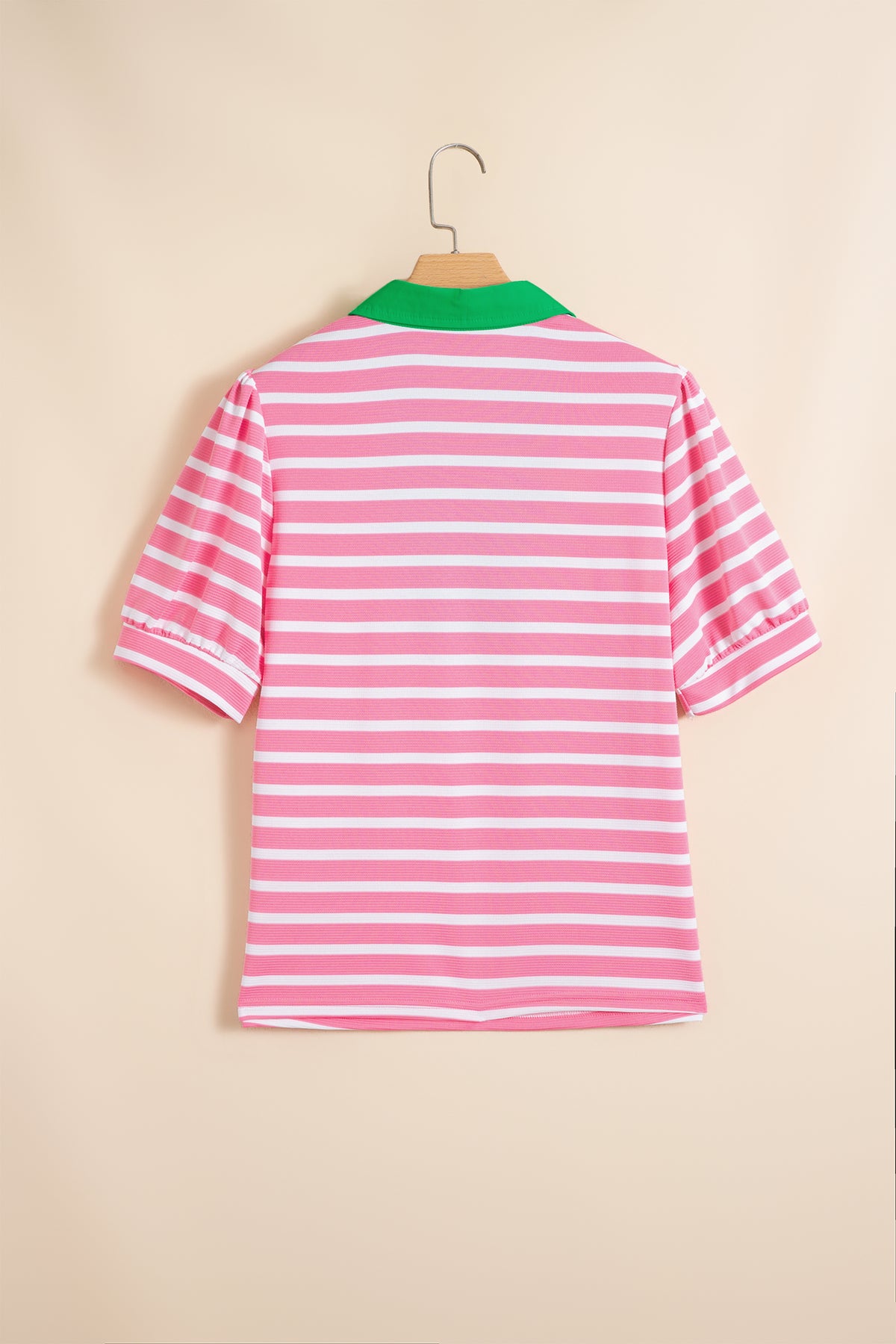 Black Stripe Short Puff Sleeve Color Block Polo Collar Blouse