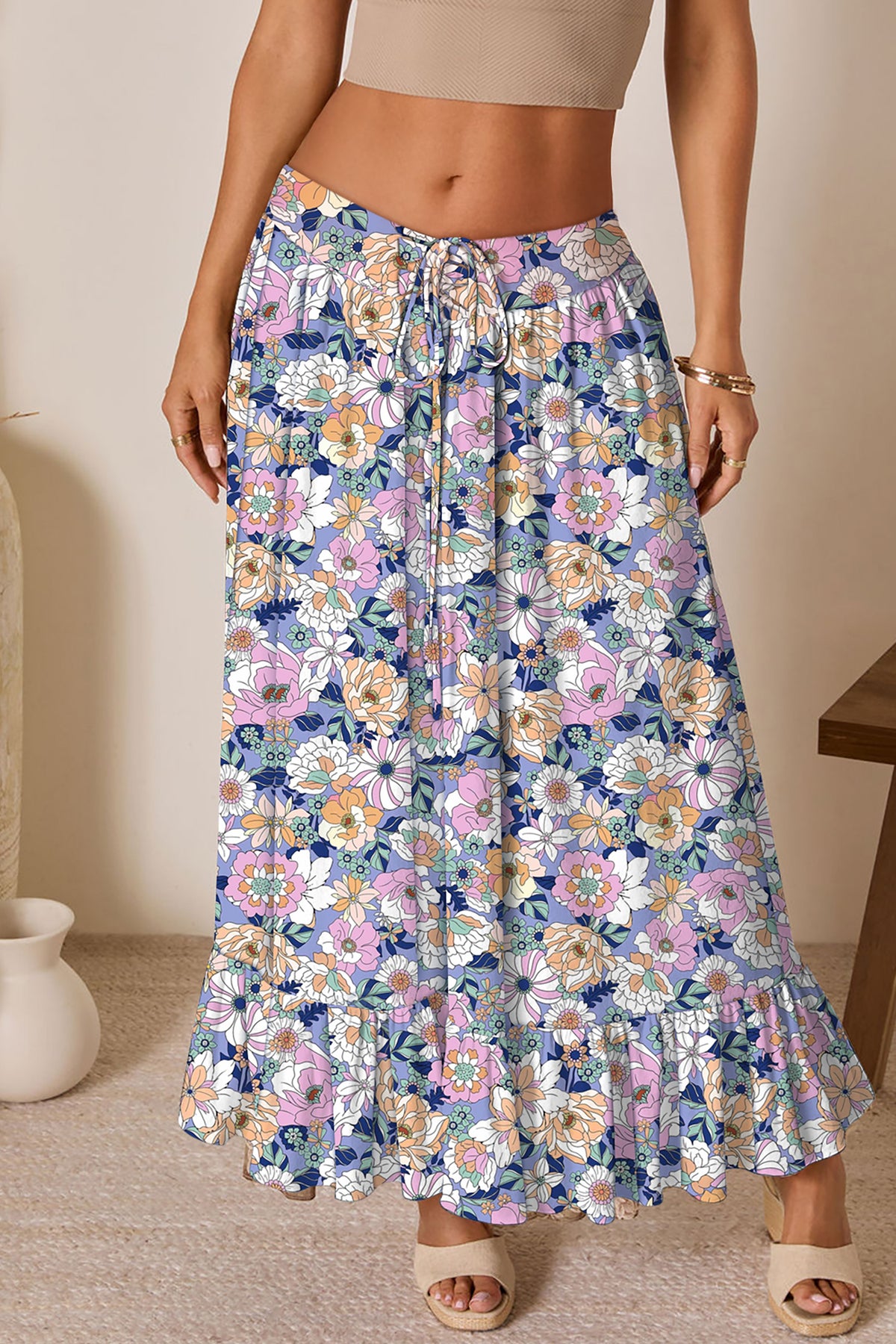 Pink Floral Print Lace-up High Waist Ruffle Hem Maxi Skirt
