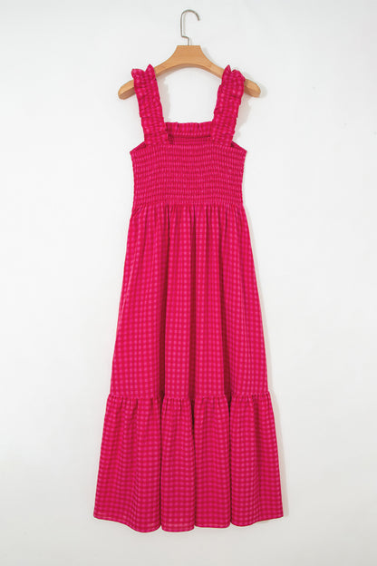 Red Plaid Square Neck Fit-and-flared Vacation Sundress