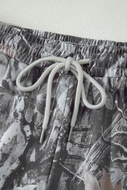 Gray Abstract Maple Leaf Printed Tie Elastic Waist Shorts