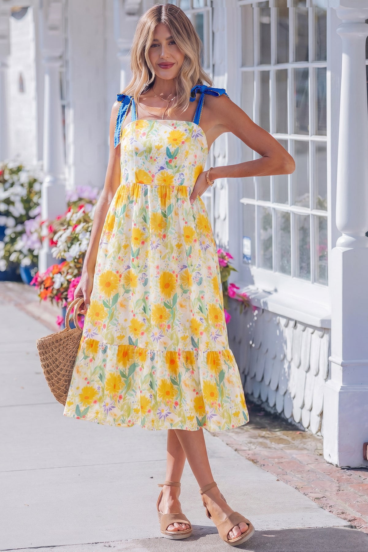 Red Floral Print Contrast Stitched Knot Denim Straps High Waist Dress