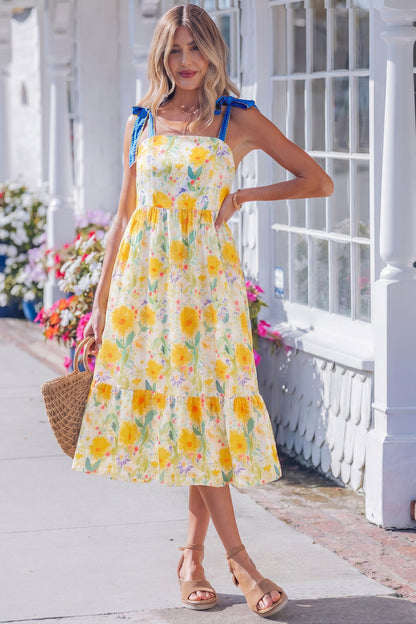 Red Floral Print Contrast Stitched Knot Denim Straps High Waist Dress