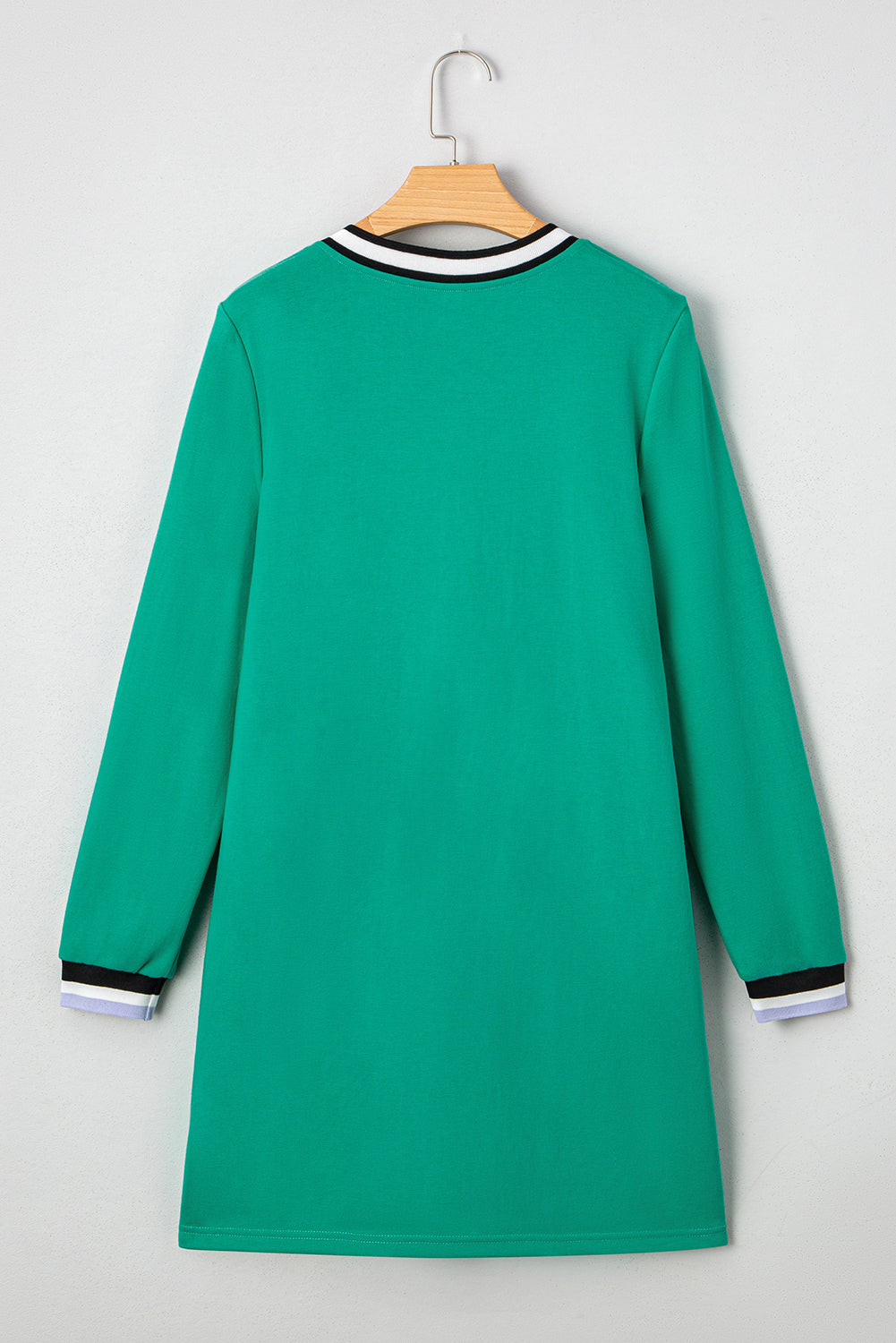 Mint Green Varsity Contrast Striped V Neck Long Sleeve T Shirt Dress with Pockets