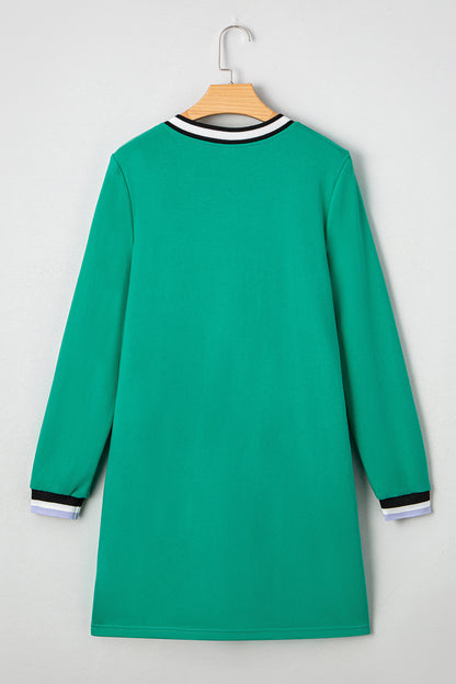 Mint Green Varsity Contrast Striped V Neck Long Sleeve T Shirt Dress with Pockets