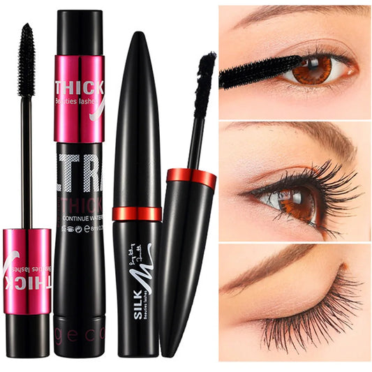 Close-up shots of eyelashes showing the lengthening and curling efficacy of GECOMO fiber mascara.