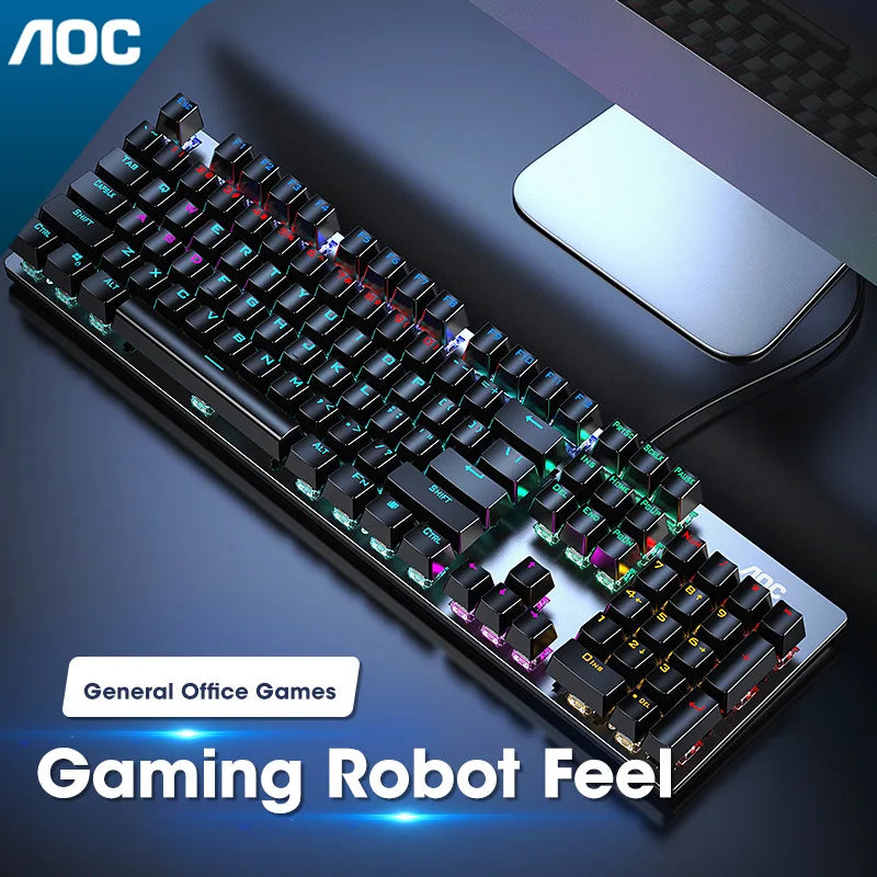 Close up of the GK410 mechanical keyboard showing the different switch axis options and 104-key layout.