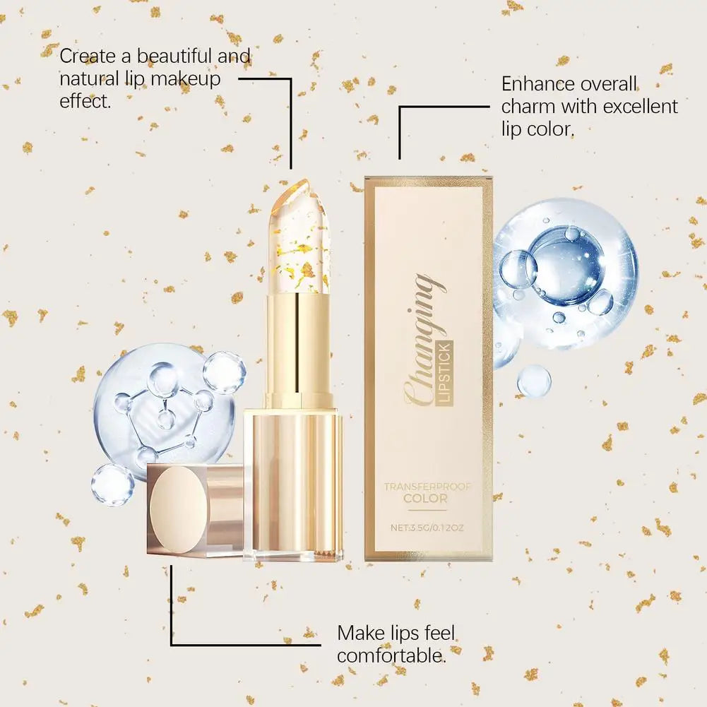 Demonstration of gold foil lipstick repairing dry lips and creating a healthy, glossy pink tint.