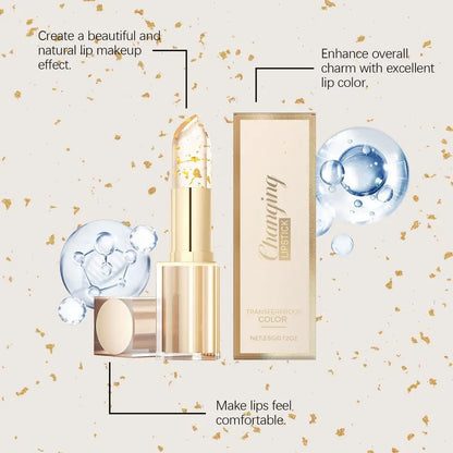 Demonstration of gold foil lipstick repairing dry lips and creating a healthy, glossy pink tint.