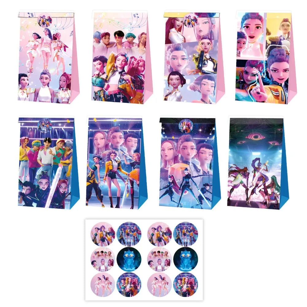 Collection of 12 Hunters K-Pop themed paper gift bags with character designs and matching round stickers.
