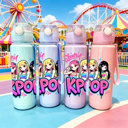 Four pastel-colored K-Pop themed water bottles with anime girl group graphics against a theme park background.