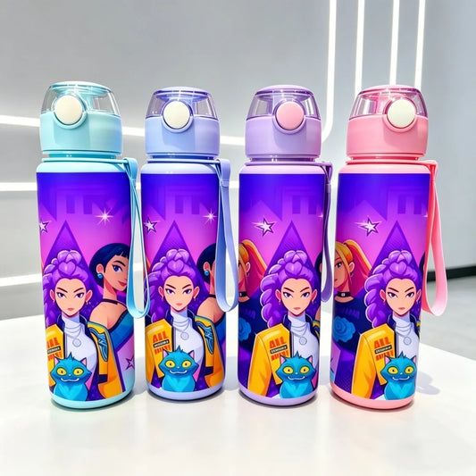 Collection of four K-Pop Demon Hunters water bottles in mint, lavender, purple, and pink colors.