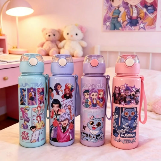 Four pastel-colored 700ML HUNTRX water bottles featuring manga and chibi character graphics in a pink-themed room.