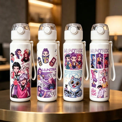 Set of four white 700ML water bottles with different K-Pop HUNTRX manga and chibi graphic prints.