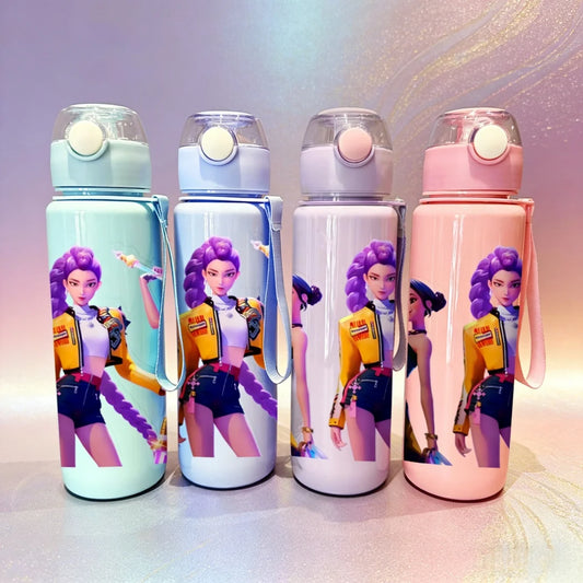 Lineup of four sports water bottles in mint, sky blue, lavender, and pink with 3D solo idol graphics.