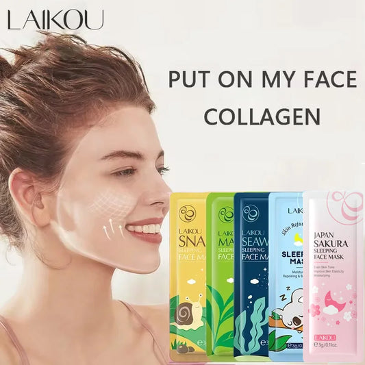 Collection of 5 LAIKOU sleeping masks including Sakura, Snail, Matcha, and Seaweed for overnight skin nourishment.
