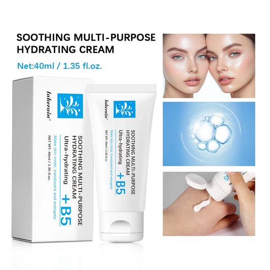 Infographic showing key ingredients of lakerain B5 cream: Centella Asiatica, Panthenol B5, and Shea Butter for skin healing.