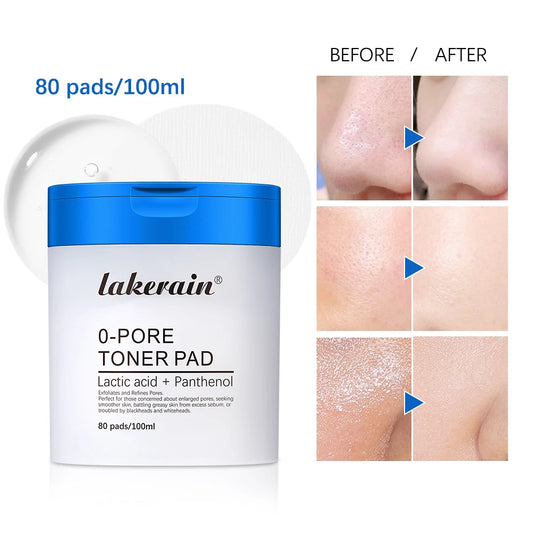 Woman using a lakerain 0-PORE Toner Pad featuring Lactic Acid and Panthenol for effective exfoliation and pore refining.