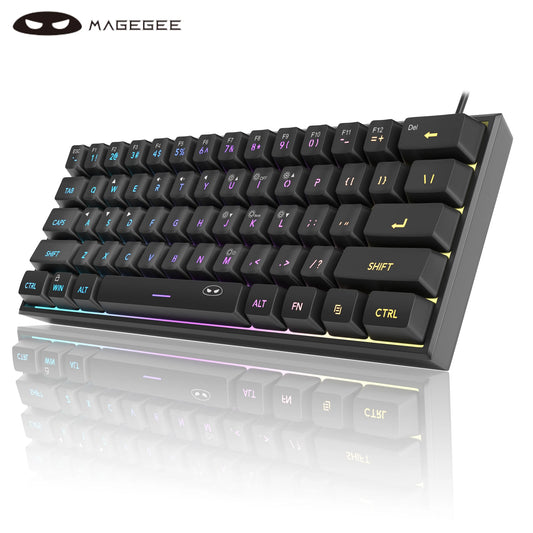 Hand pressing a key on the MageGee Mini 61-key RGB backlit gaming keyboard with 18 LED effects.