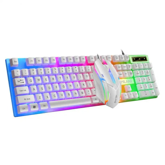 Milang wired gaming keyboard and mouse set available in black and white with rainbow LED backlight.