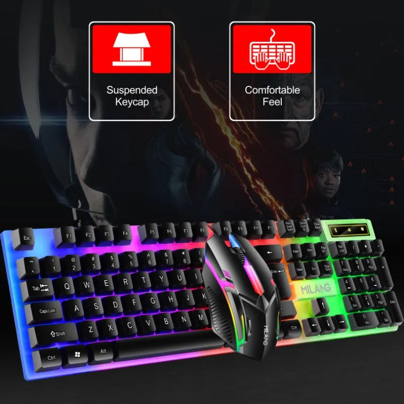 White Milang gaming keyboard and mouse featuring floating keycaps and colorful breathing light effect.