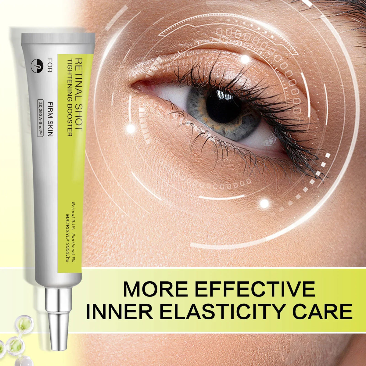 Retinal Shot Tightening Booster tube next to a digital skin analysis of the eye area showing elasticity care.