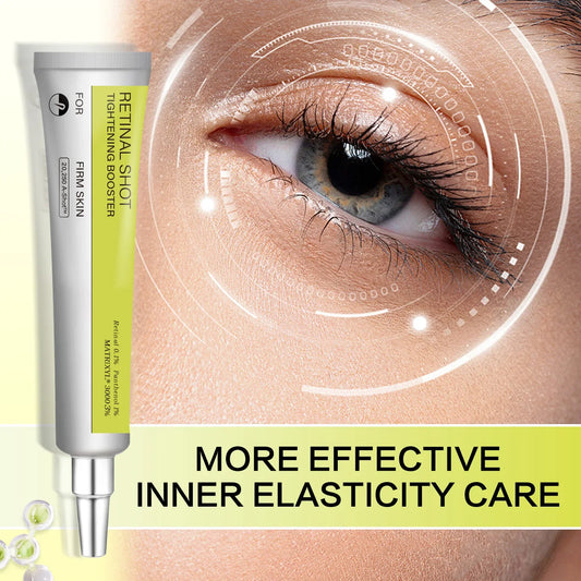 Retinal Shot Tightening Booster tube next to a digital skin analysis of the eye area showing elasticity care.