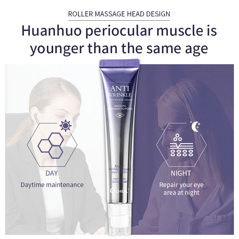 O'CHEAL Rapid Wrinkle Repair Eye Cream tube and box with a close-up of the triple-ball roller massager head.