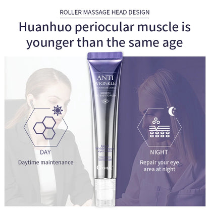 O'CHEAL Rapid Wrinkle Repair Eye Cream tube and box with a close-up of the triple-ball roller massager head.