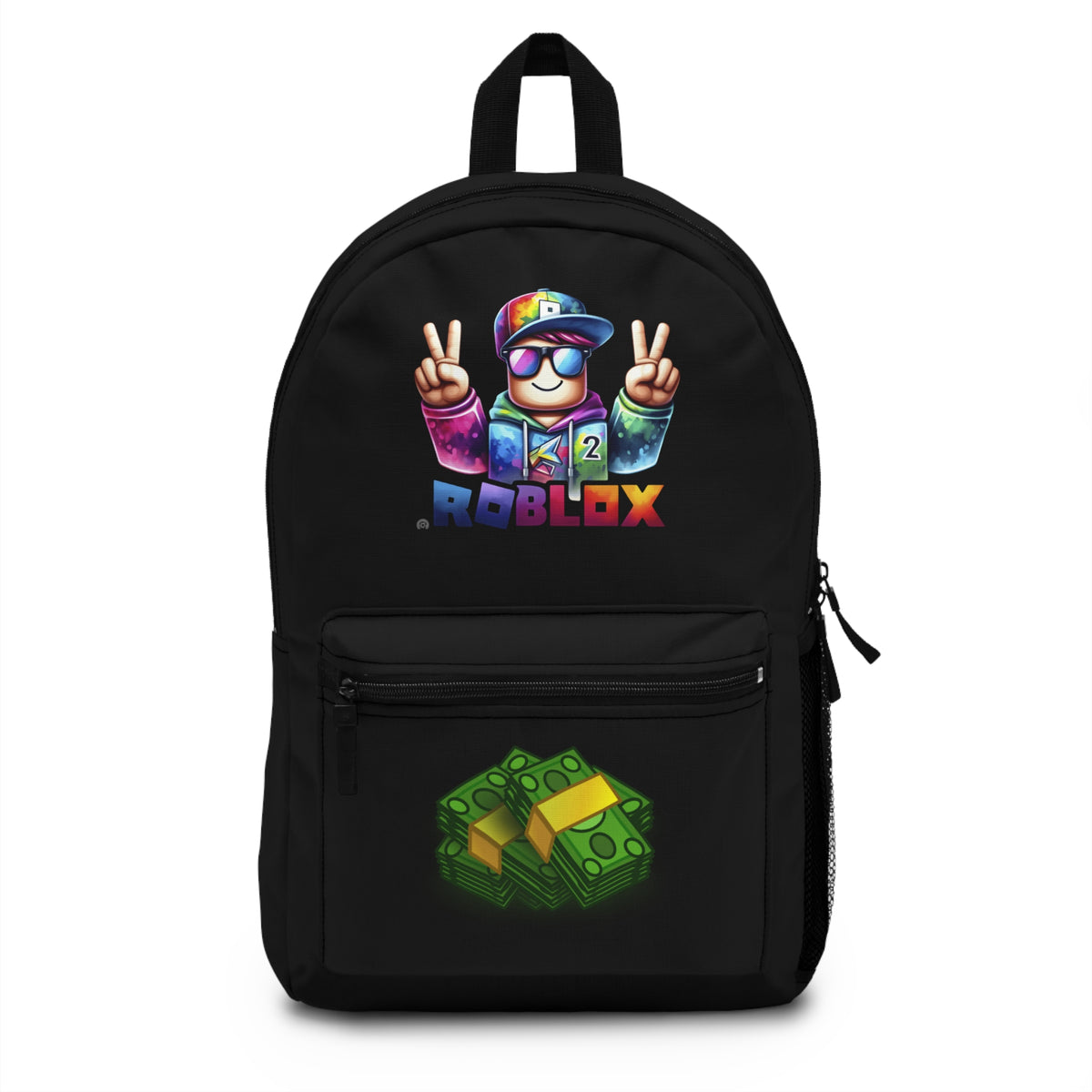 Front view of Premium Roblox school backpack in black with gaming graphics at dobermenpremier.com