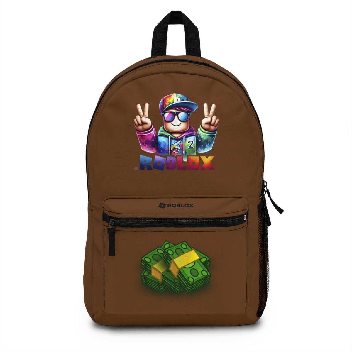 Front view of Premium Roblox school backpack in brown with gaming graphics at dobermenpremier.com
