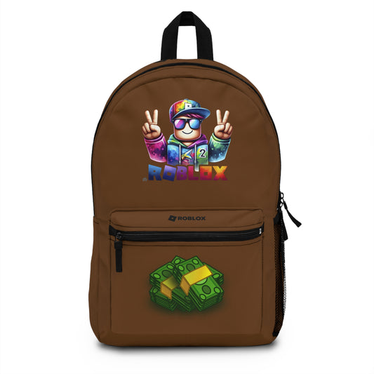 Front view of Premium Roblox school backpack in brown with gaming graphics at dobermenpremier.com