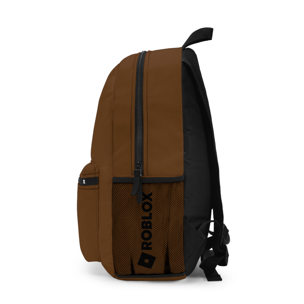 Side view of brown Premium Roblox school bag showing the mesh water bottle pocket and logo dobermenpremier.com