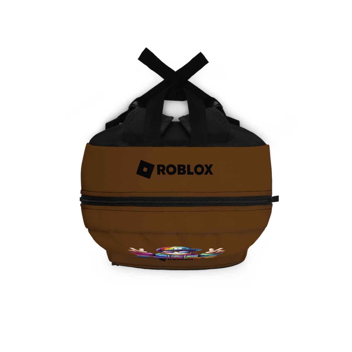 Top view of brown Premium Roblox backpack showing heavy-duty zipper and handle dobermenpremier.com