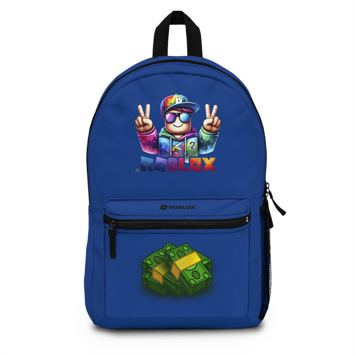 Front view of Premium Roblox school backpack in dark blue with gaming graphics at dobermenpremier.com