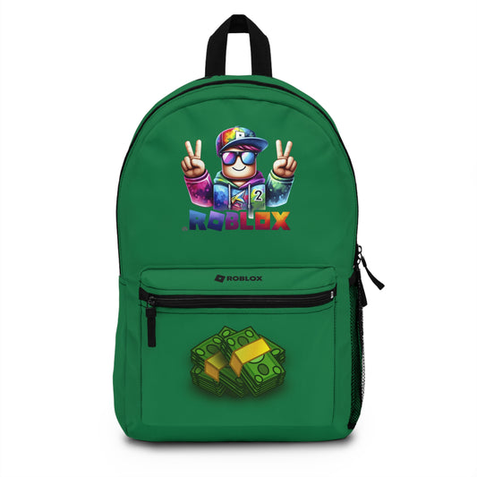 Front view of Premium Roblox school backpack in dark green with gaming graphics at dobermenpremier.com