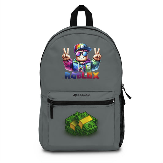 Front view of Premium Roblox school backpack in dark grey with gaming graphics at dobermenpremier.com