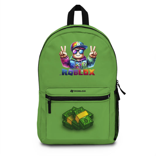 Front view of Premium Roblox school backpack in green with gaming graphics at dobermenpremier.com