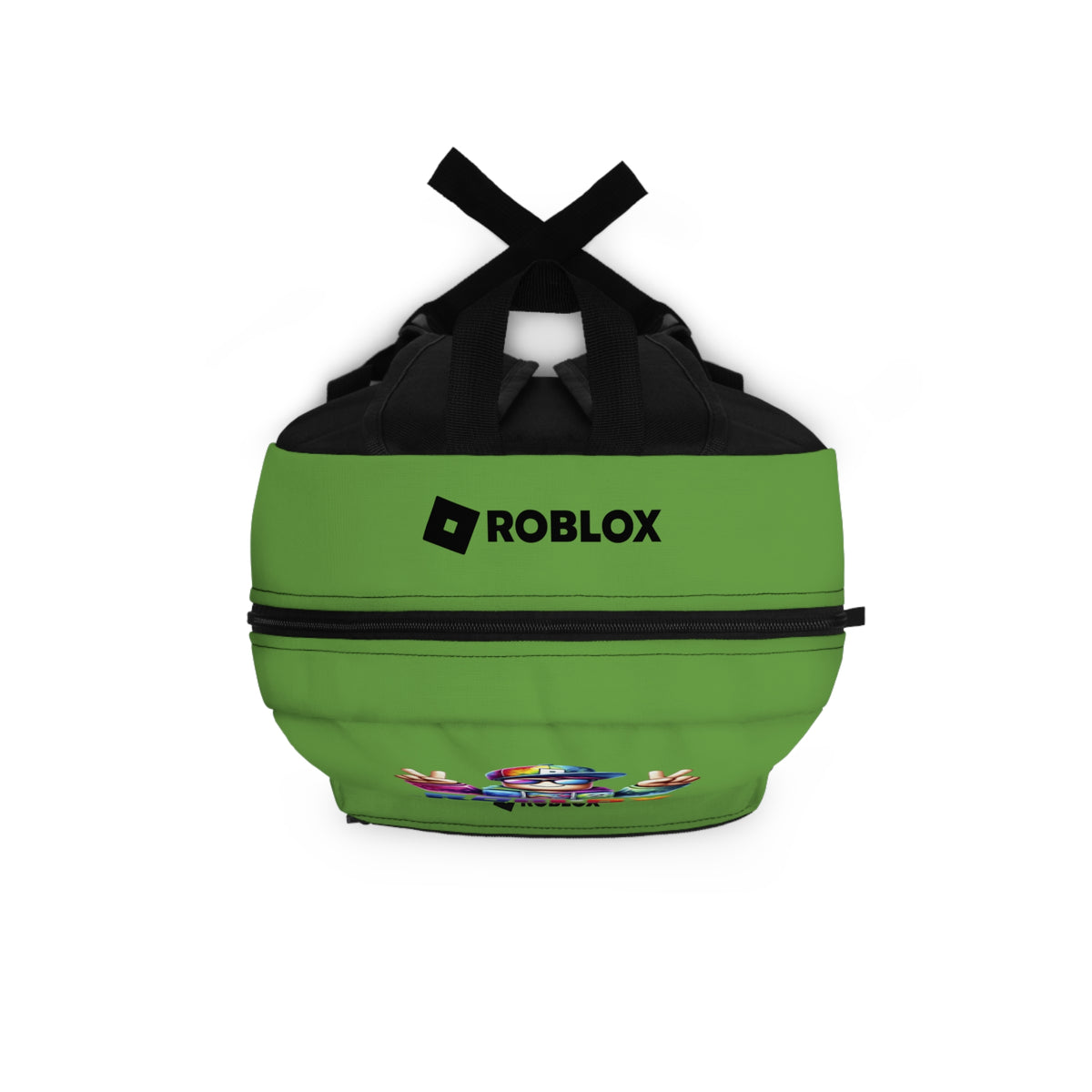 Top view of green Premium Roblox backpack showing heavy-duty zipper and handle dobermenpremier.com
