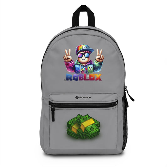 Front view of Premium Roblox school backpack in grey with gaming graphics at dobermenpremier.com