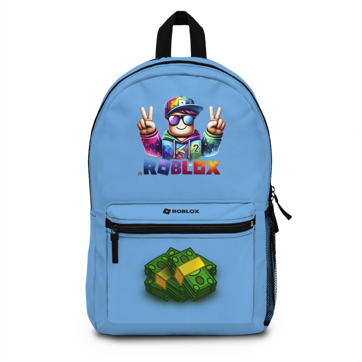 Front view of Premium Roblox school backpack in light blue with gaming graphics at dobermenpremier.com