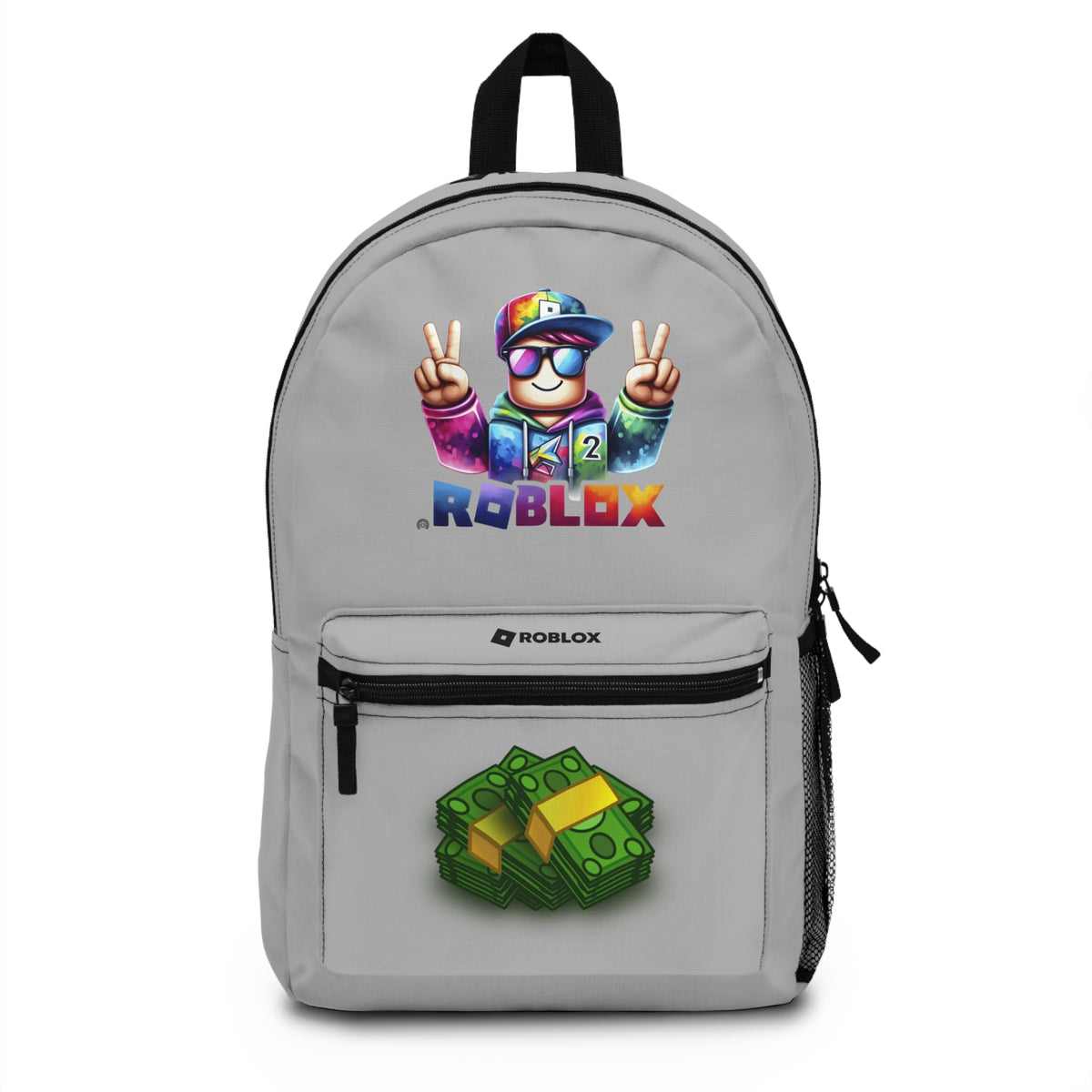 Front view of Premium Roblox school backpack in light grey with gaming graphics at dobermenpremier.com