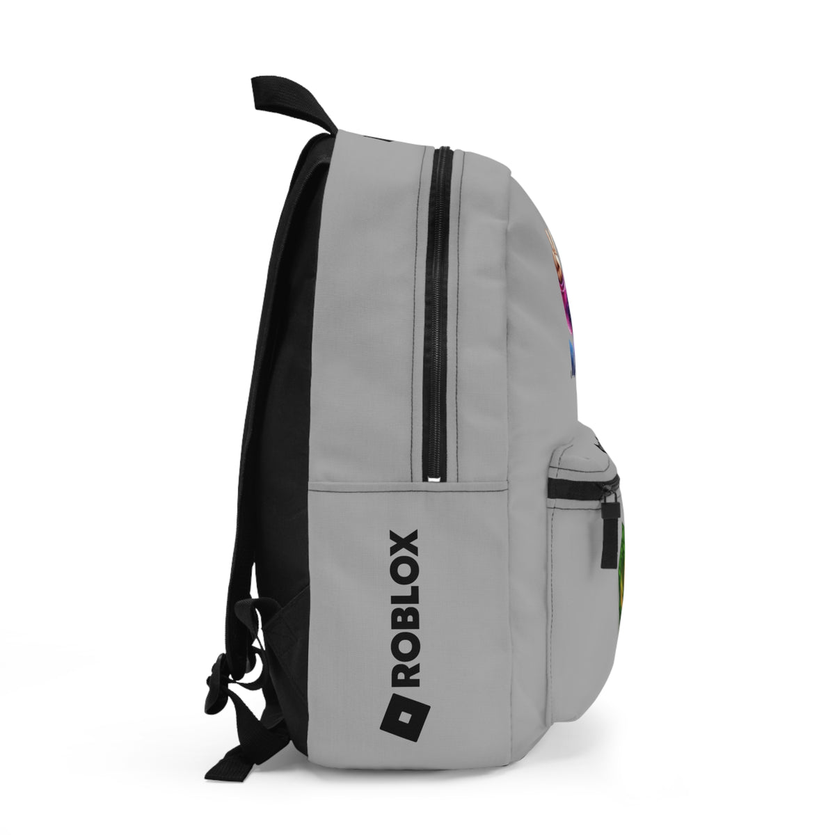 Side view of light grey Premium Roblox backpack showing the slim, plain profile and stitching dobermenpremier.com