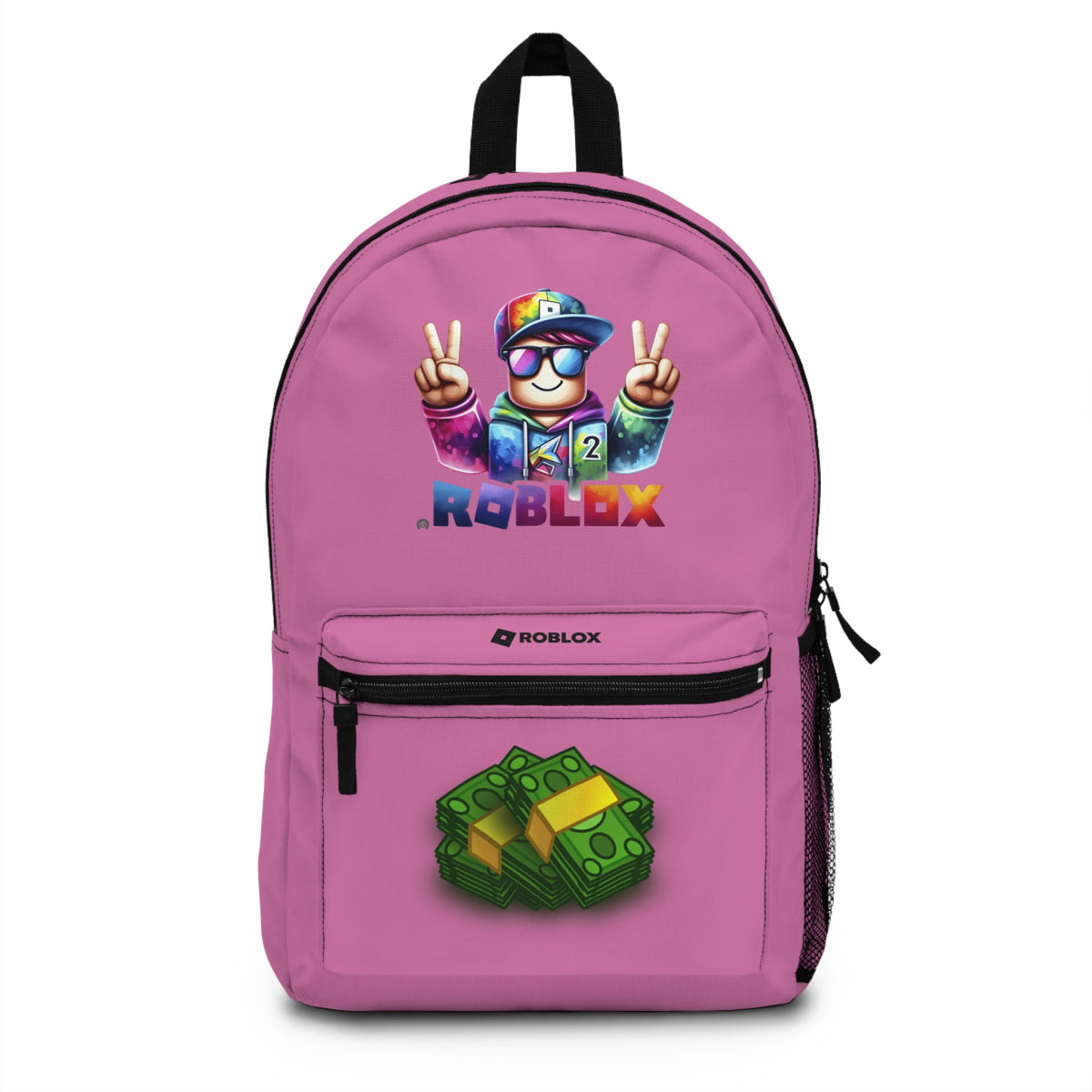 Front view of Premium Roblox school backpack in light pink with gaming graphics at dobermenpremier.com