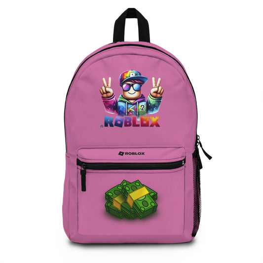 Front view of Premium Roblox school backpack in light pink with gaming graphics at dobermenpremier.com