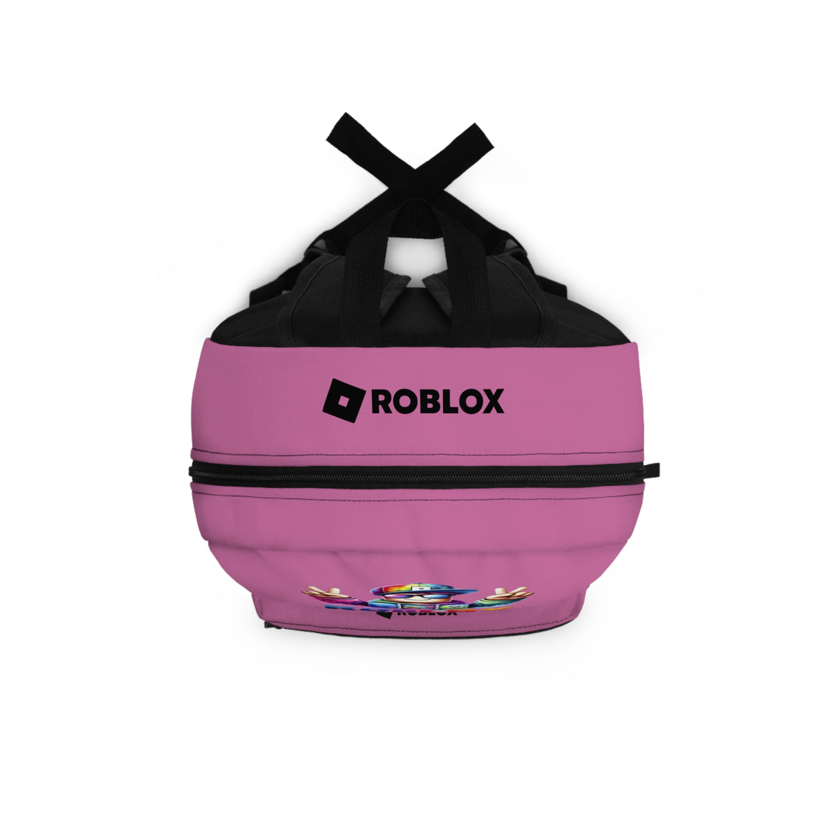 Top view of light pink Premium Roblox backpack showing heavy-duty zipper and handle dobermenpremier.com